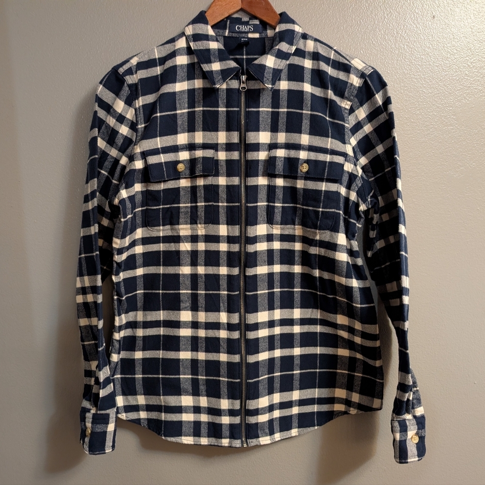 Chaps‎ Shirt Jacket Womens Blue Plaid Long Sleeve Full Zip Cotton Flannel Sz M